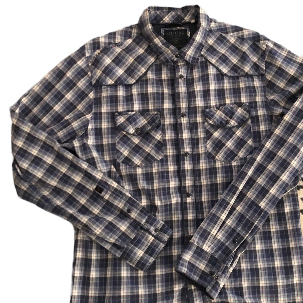 VTG Guess 1981 Los Angeles Western Plaid Shirt L Pearl Snap Blue Chest Pockets